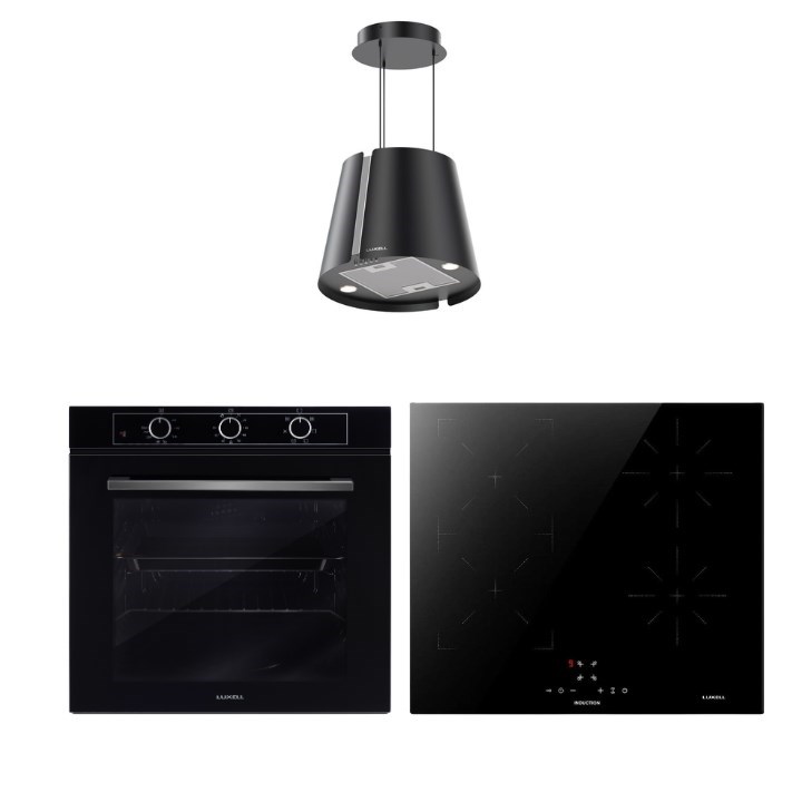 Luxell İndüksiyon Ocaklı Siyah Cam Ankastre Set (Optimum Fırın - Ada Davlumbaz)