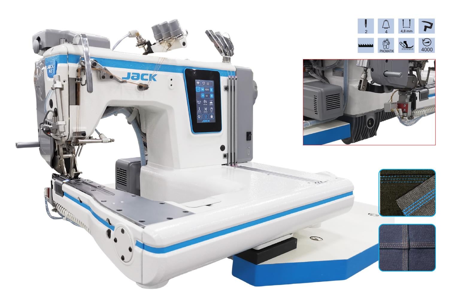 Jack 3 İğne Zincir Dikiş Kollu Makinesi (3,2mm) Kot Tam Yağlı İplik Kesicili