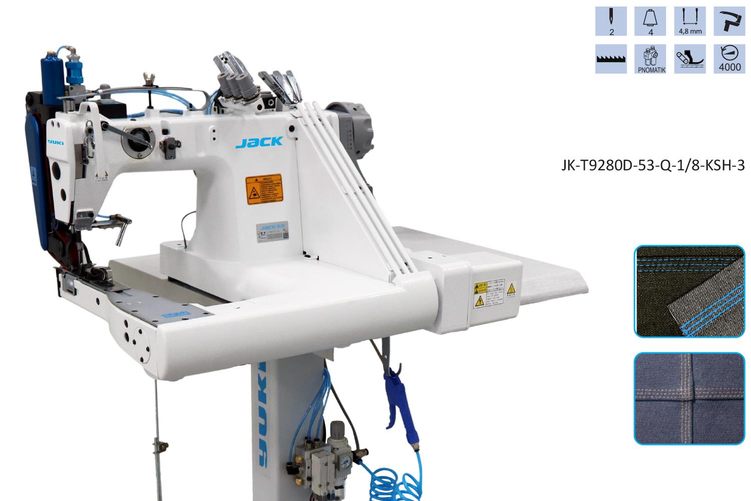 Jack 3 İğne Zincir Dikiş Kollu Makinesi (3,2mm) Kot Palet Merdaneli