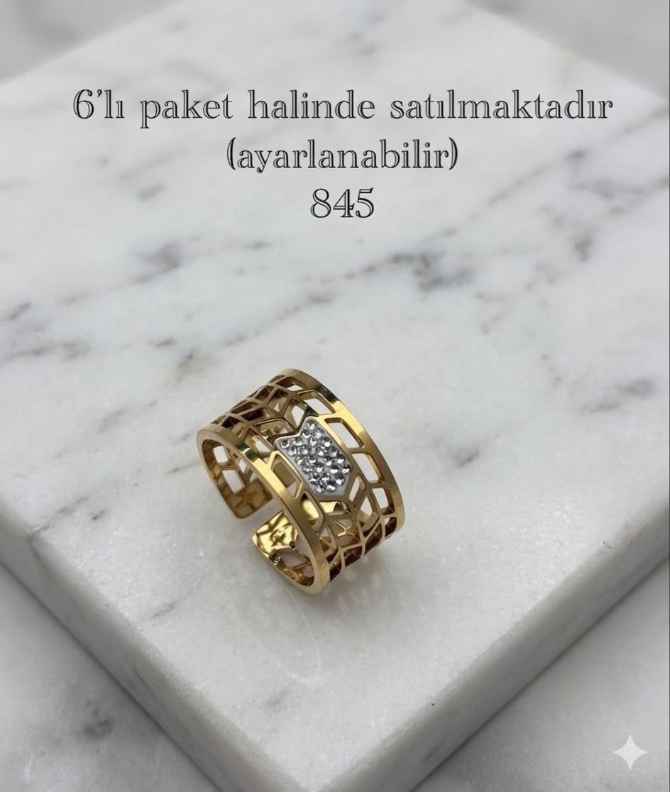 6'Lı Tasarım  Çelik Yüzük (Gold) 127