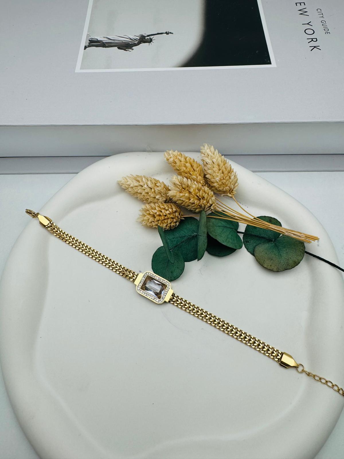 Baget Taş Detaylı Çelik Bileklik (Gold) Blk 266