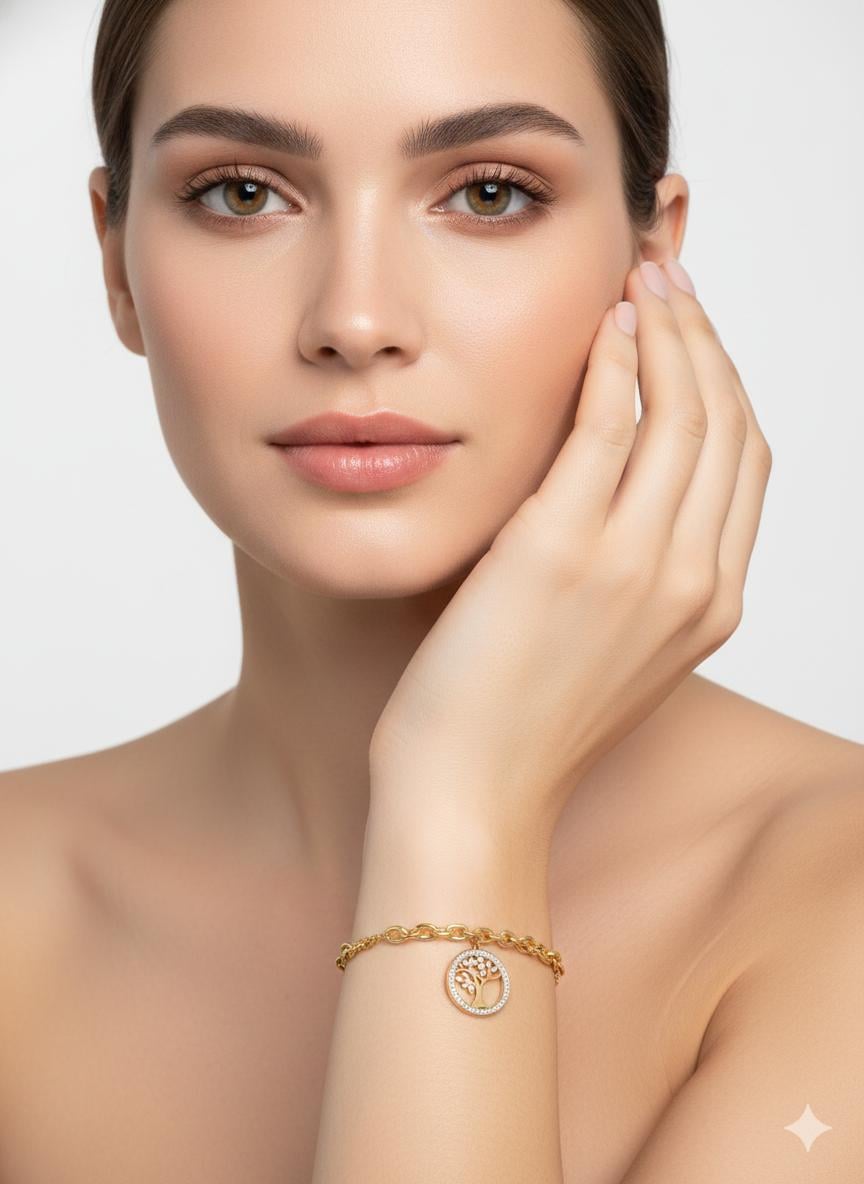 Hayat Ağacı Detaylı Çelik Bileklik (Gold) Blk 259