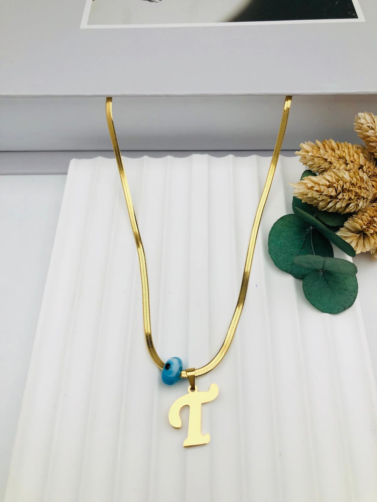 Nazar Boncuklu İtalyan (T) Harf Çelik Kolye 45 cm (Gold) 0106248