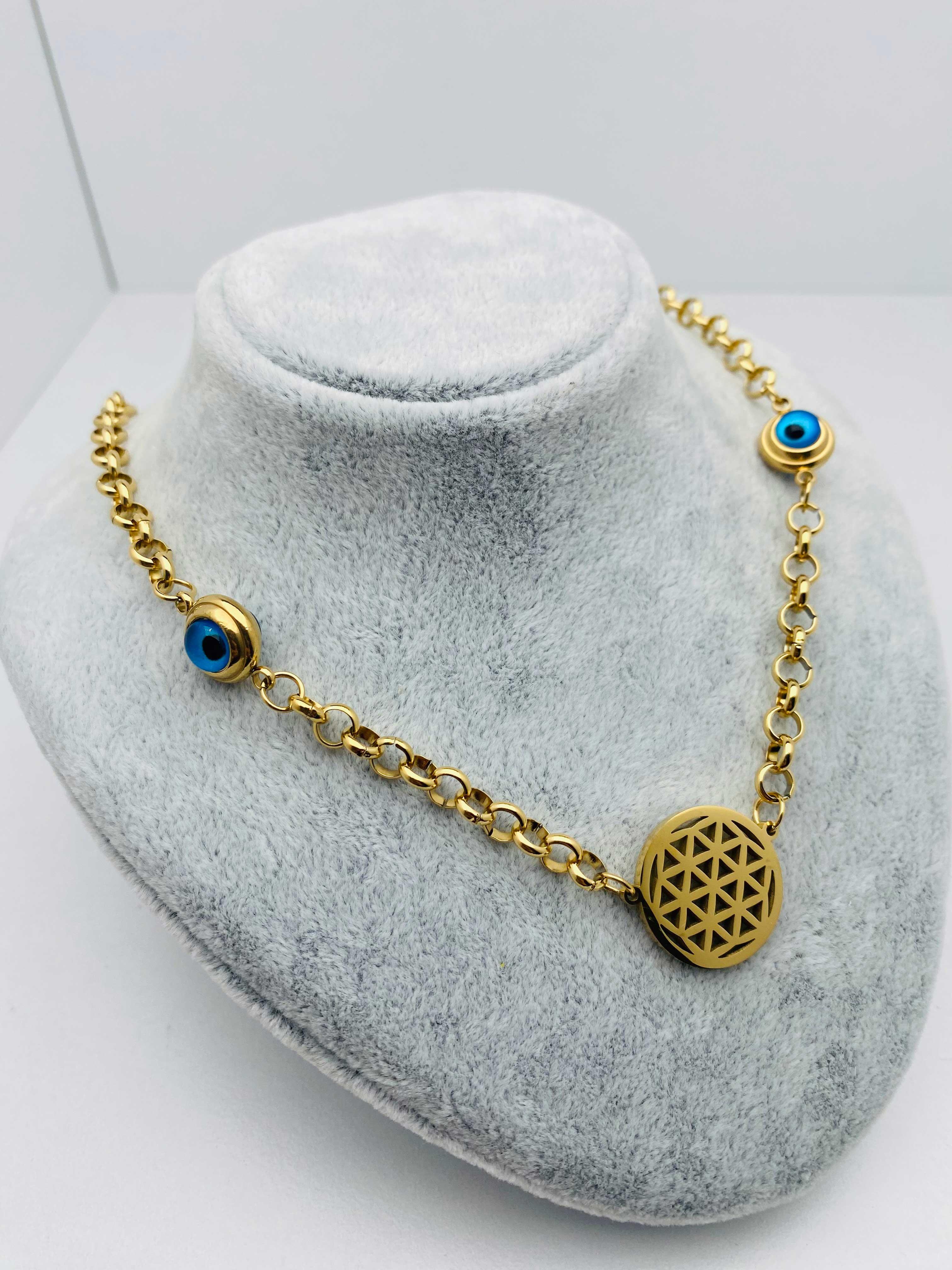 Nazar Boncuklu Yaşam Çiçeği Çelik Kolye (Gold) 010604-1