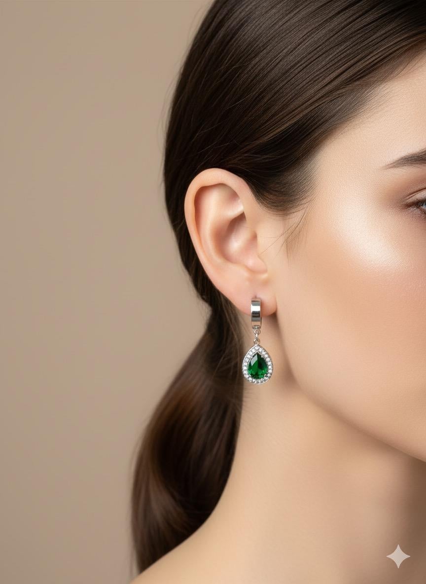 Su Damlası Yeşil Taşlı  Çelik  Küpe (Gümüş) KP158-2