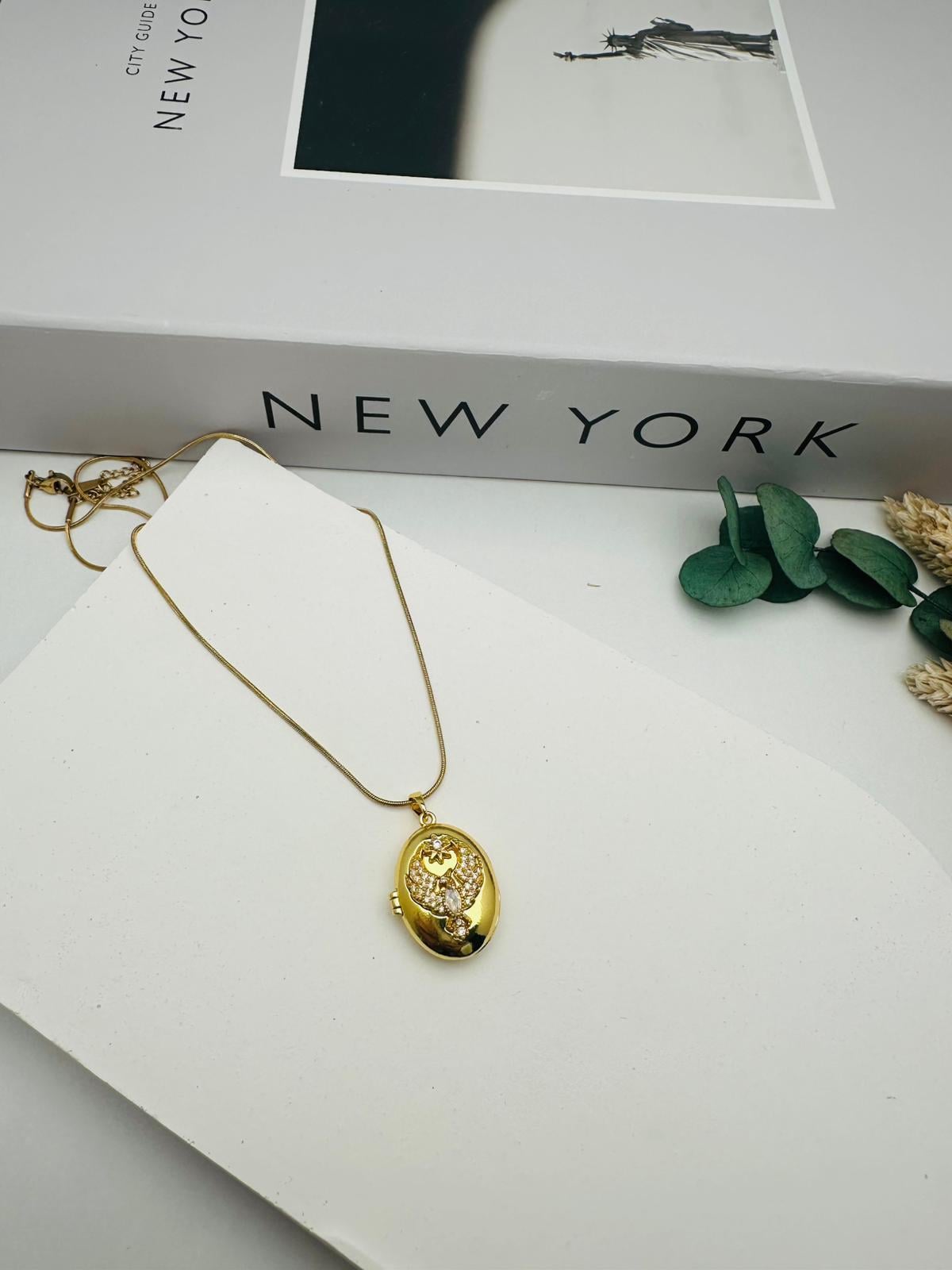 Zirkon Taşlı Alya  Model Çelik Kolye (Gold) 010711