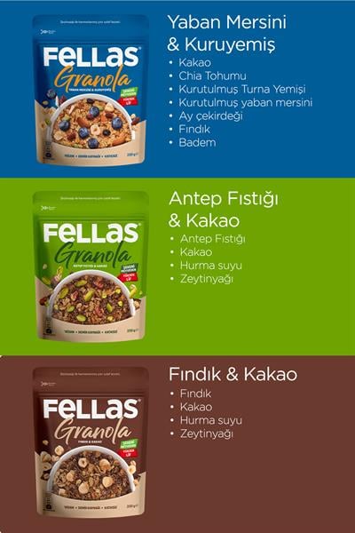 Fellas Granola 3lü Mix Paket - Yaban Mersinli 200g + Fındık & Kakao 200g + Antep Fıstıklı 200g