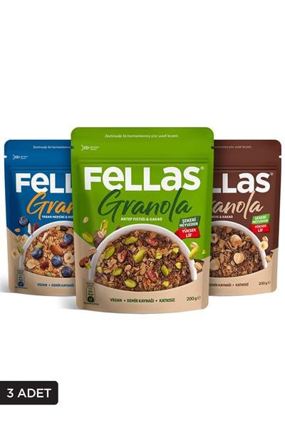 Fellas Granola 3lü Mix Paket - Yaban Mersinli 200g + Fındık & Kakao 200g + Antep Fıstıklı 200g