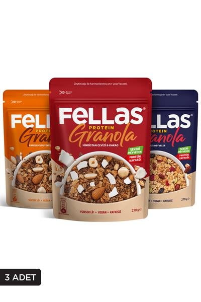 Fellas Protein Granola 3lü Mix Paket - Hindistan Cevizi 270g + Kırmızı Meyveler 270g + Karışık Kuruyemişli 270g