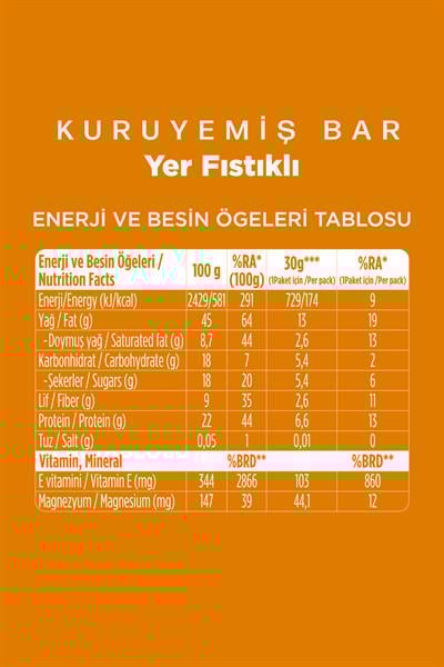 Fellas Yer Fıstıklı Kuruyemiş Bar 30g x12 Adet