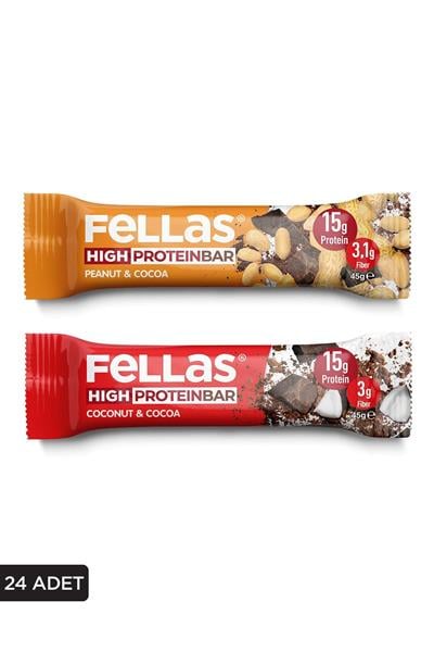 Yüksek Protein Bar 45g Süper İkili Kutu 24 Adet - Hindistan Cevizli x12 Adet + Yer Fıstıklı x 12 Adet