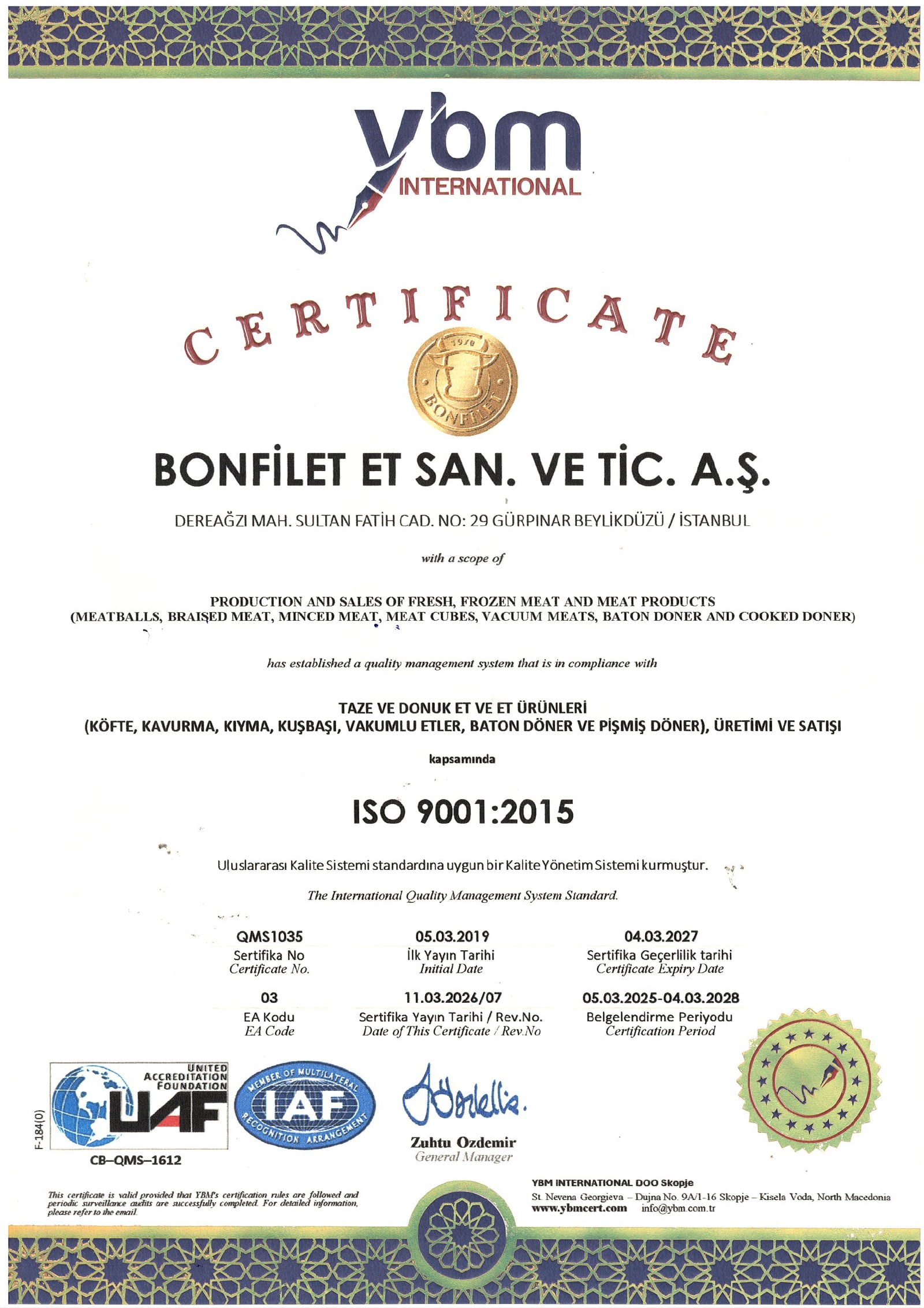 ISO 9001 Kalite Yönetim Sistemi Sertifikası