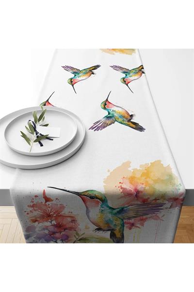 Kuş Desen Tasarımlı Saten Kumaş Dijital Baskılı Runner