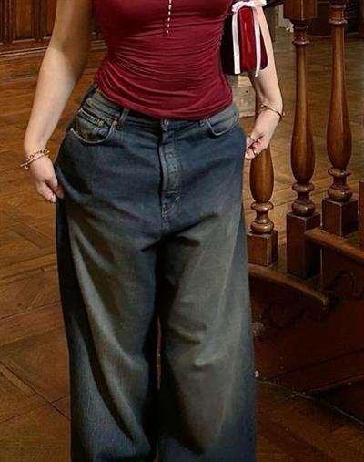 Lacivert Aşırı Bol Taşlanmış Baggy Jean