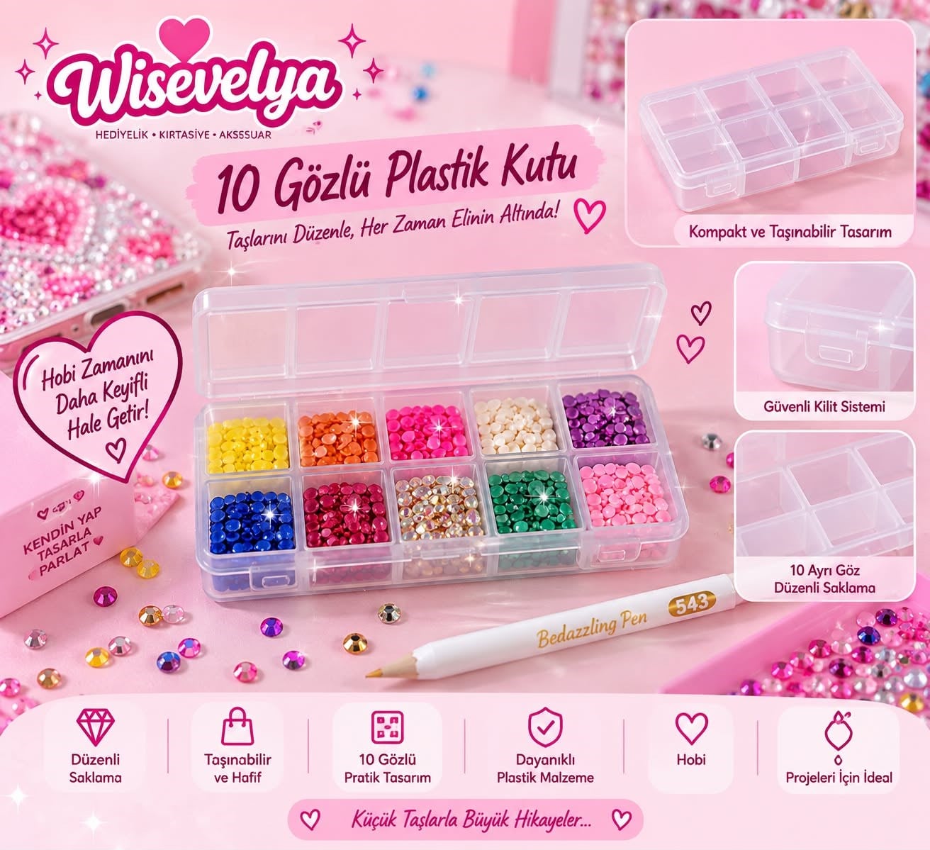 Bedazzling 10 Gözlü Plastik Kapaklı Kutu(Sadece Kutu)