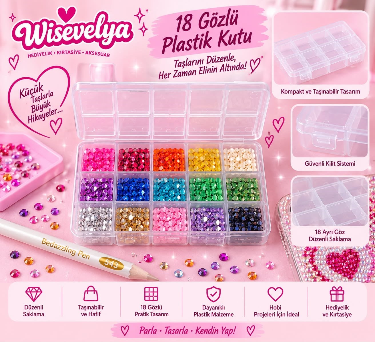 Bedazzling 18 Gözlü Plastik Kapaklı Kutu(Sadece Kutu)