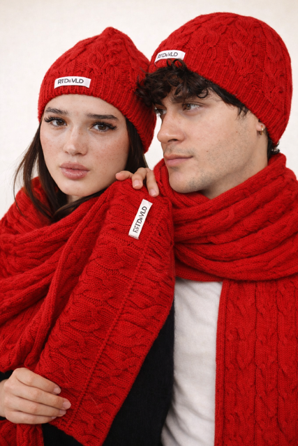 RTD&VLD Unisex Vita-262 Sano Örgü Desen Triko Atkı-Bere Takım  Kırmızı