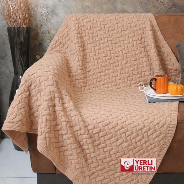 RTD&VLD Vita-183 Petek Desen Triko Battaniye Koltuk Şalı Camel