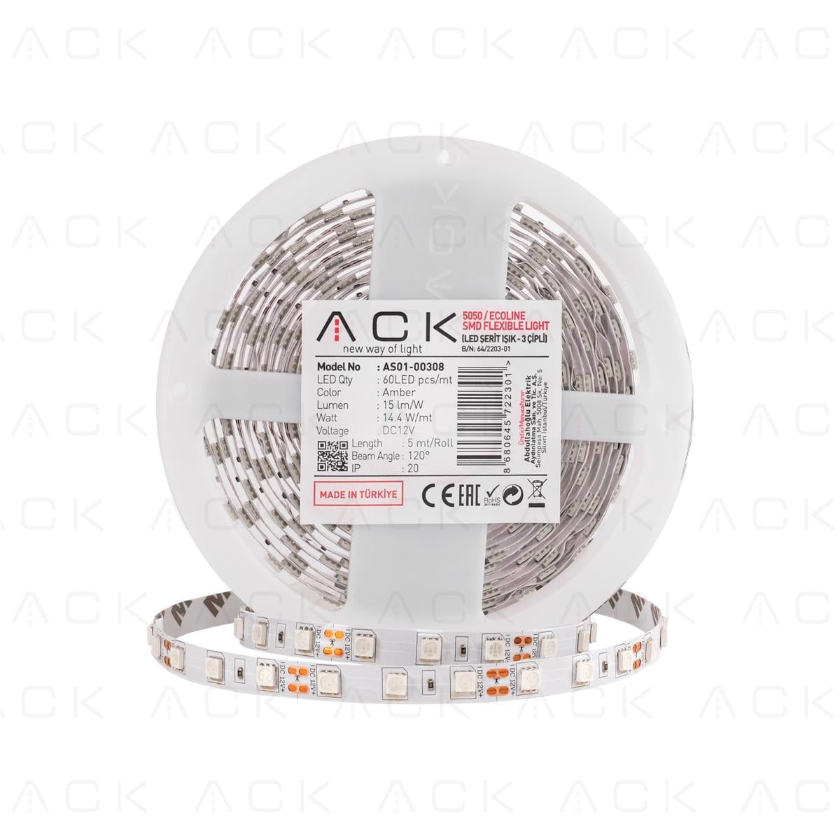 ACK AS01-00300 14.4W 12V 3000K GÜNIŞIĞI ÜÇ ÇİPLİ 60 LEDLİ SİLİKONSUZ ŞERİT LED