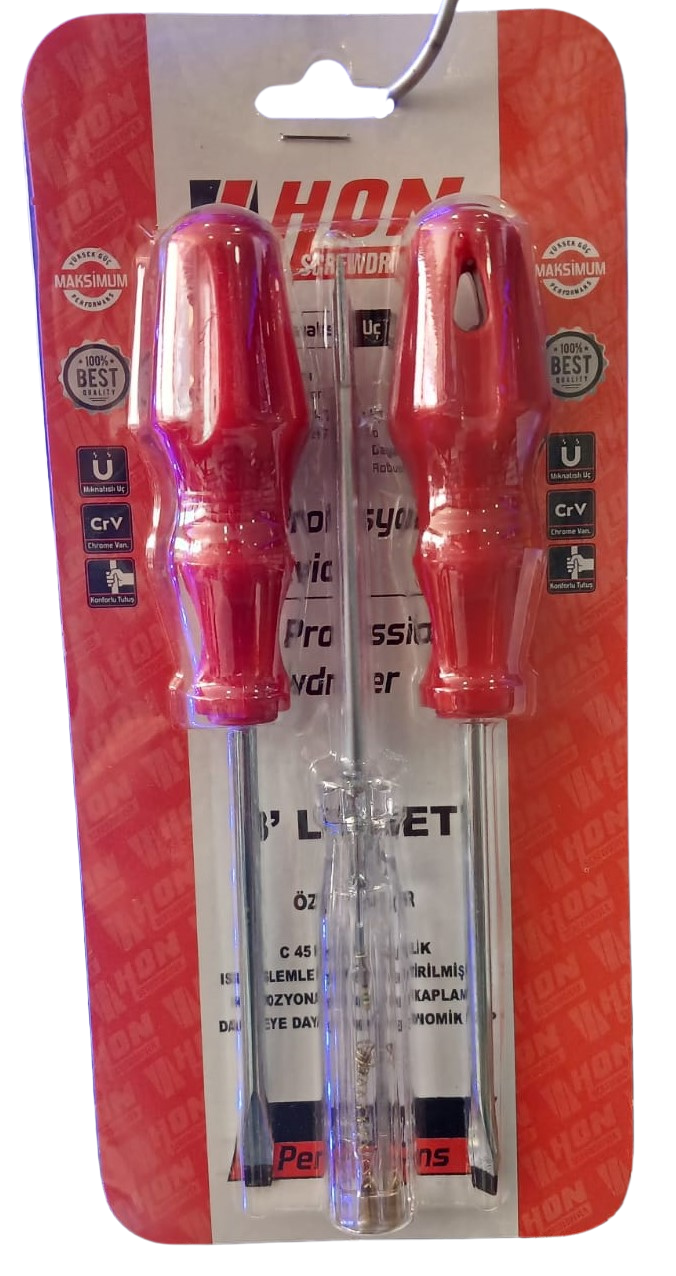 HON 3'lü Tornavida Seti - 2 Adet Düz Tornavida Kırmızı + 1 Adet Kontrol Kalemi