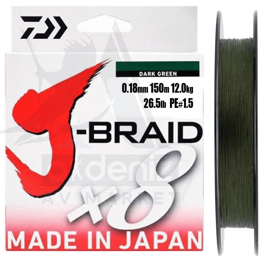 DAİWA J-Braid 8x (örgü) 0,18mm Pe#1.5 150m Dark Green İp MisinaDAİWA