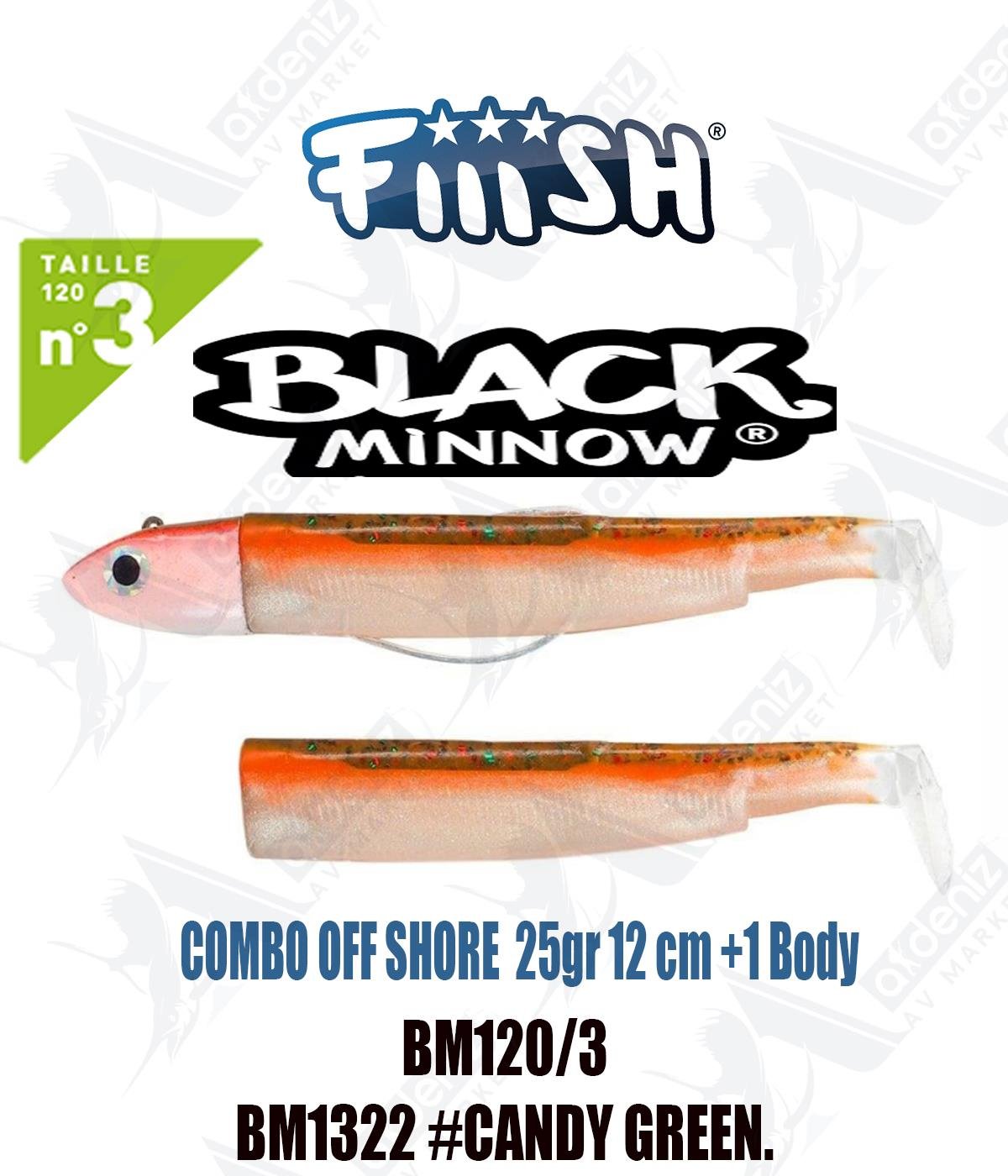 Fiiish Black Minnow BM120/3 Combo Off Shore +1 Body 12 cm 25 gr Silikon Yem No:3 Color:Bm1322 #Candy GreenFİİİSH