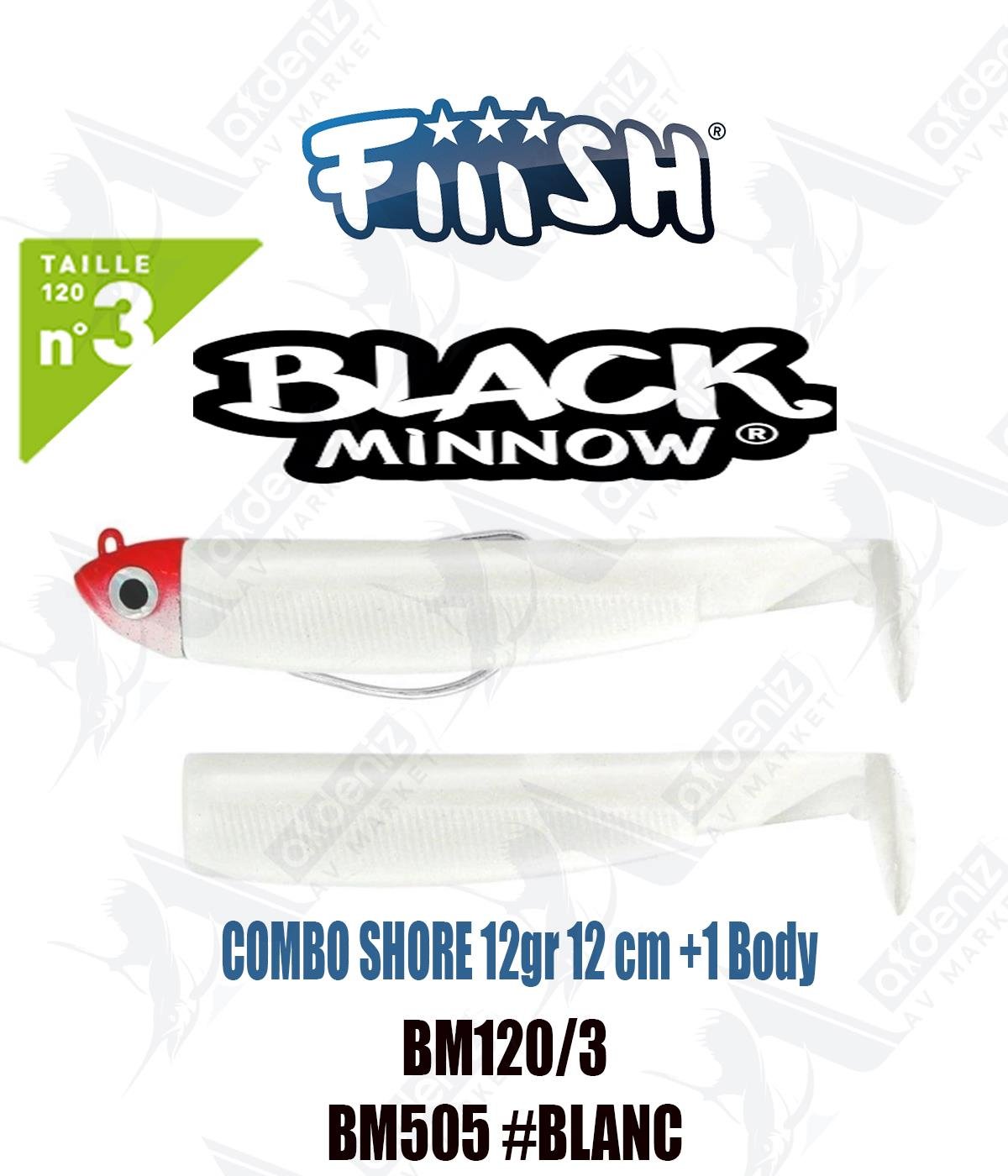 Fiiish Black Minnow BM120/3 Combo Shore +1 Body 12 cm 12 gr Silikon Yem No:3 Color:Bm505 #BlancFİİİSH