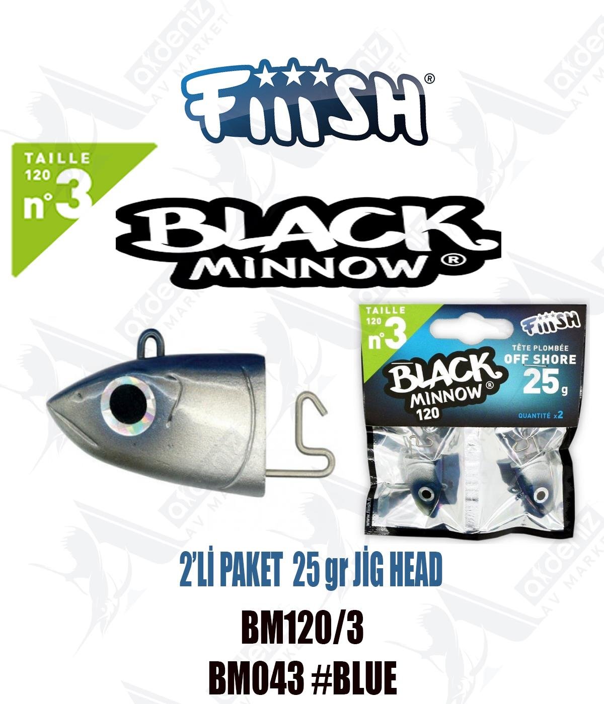 Fiiish Black Minnow BM120/3 Off Shore 25 gr Jig Head No:3 2'li Paket Color:Bm043 #BlueFİİİSH