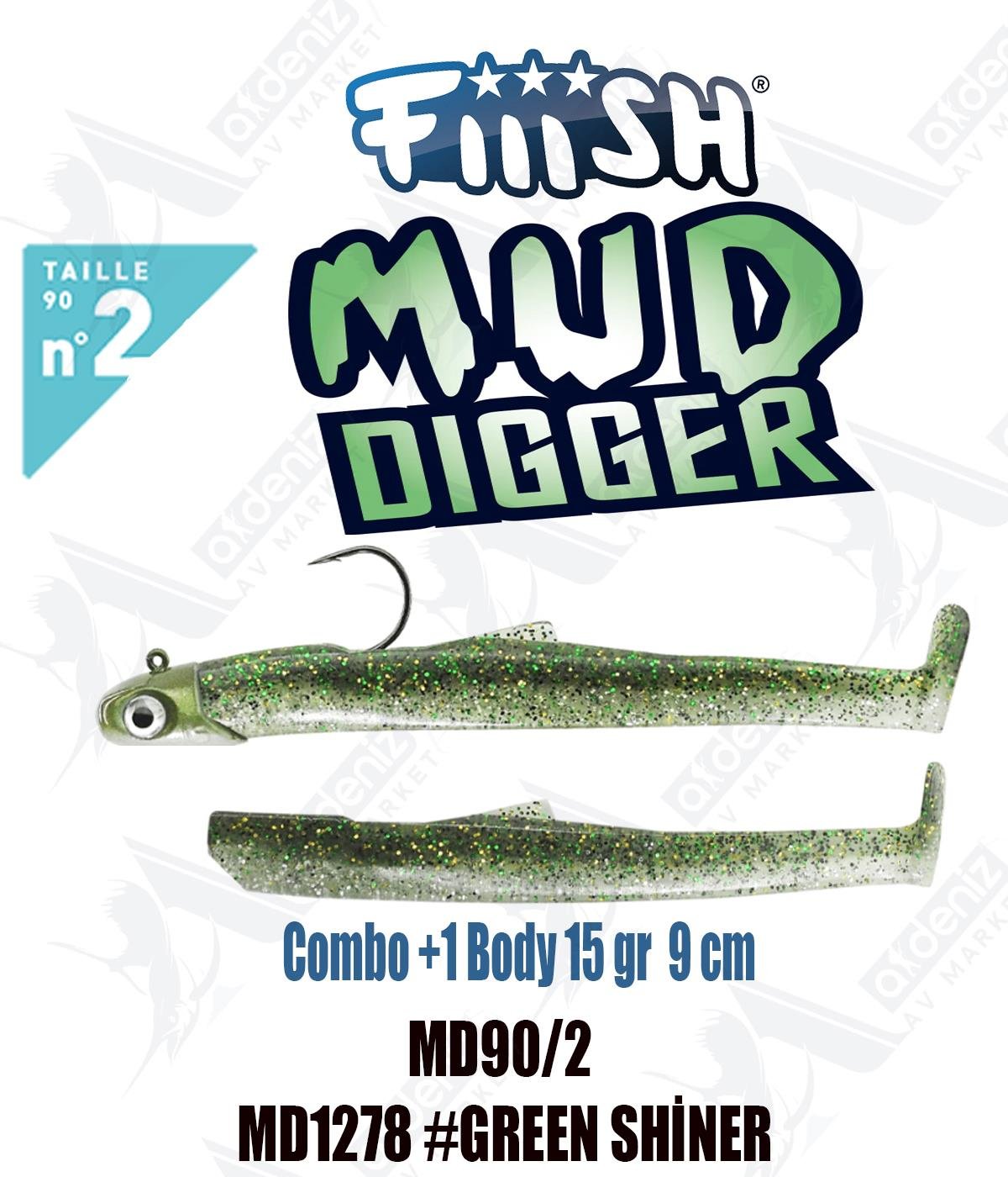Fiiish Mud Digger MD90/2 Combo +1 Body 9 cm 15 gr Silikon Yem No:2 Color:Md1278 #Green ShinerFİİİSH