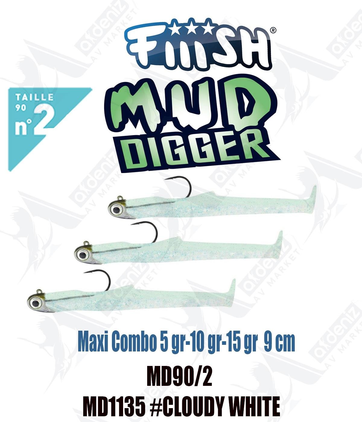 Fiiish Mud Digger MD90/2 Maxi Combo 9 cm 5-10-15 gr Silikon Yem N0:2 Color:Md1135 #Cloudy WhiteFİİİSH