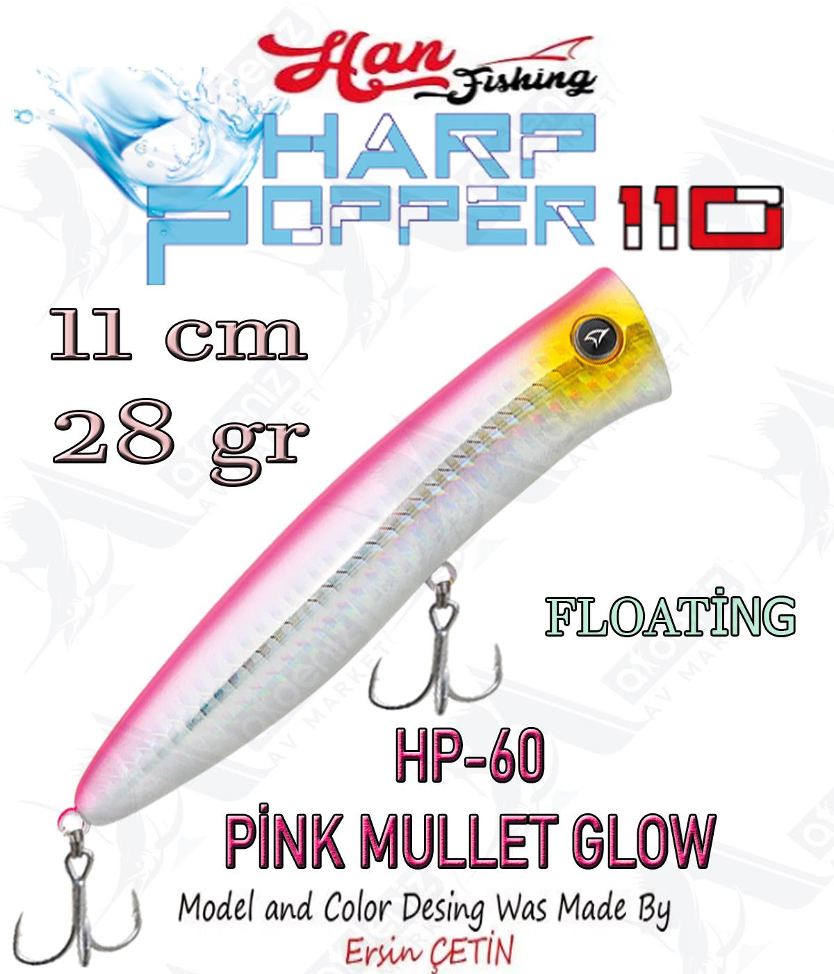 Hanfish Harp Popper 110mm 28gr Su Üstü Maket Balık #HP-60 Pink Mullet Glow.HAN FİSHİNG
