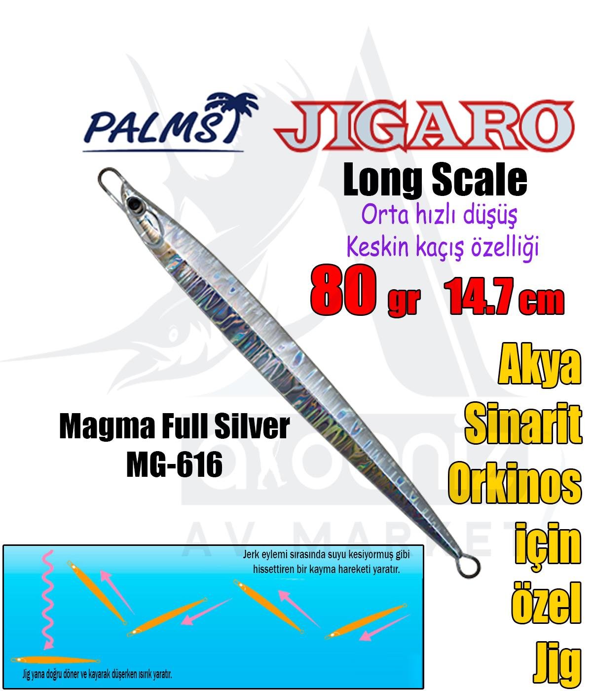 PALMS Jigaro Long Scale 80gr 14.7cm Jig Yem Color: MG-616 Magma Full SilverPALMS