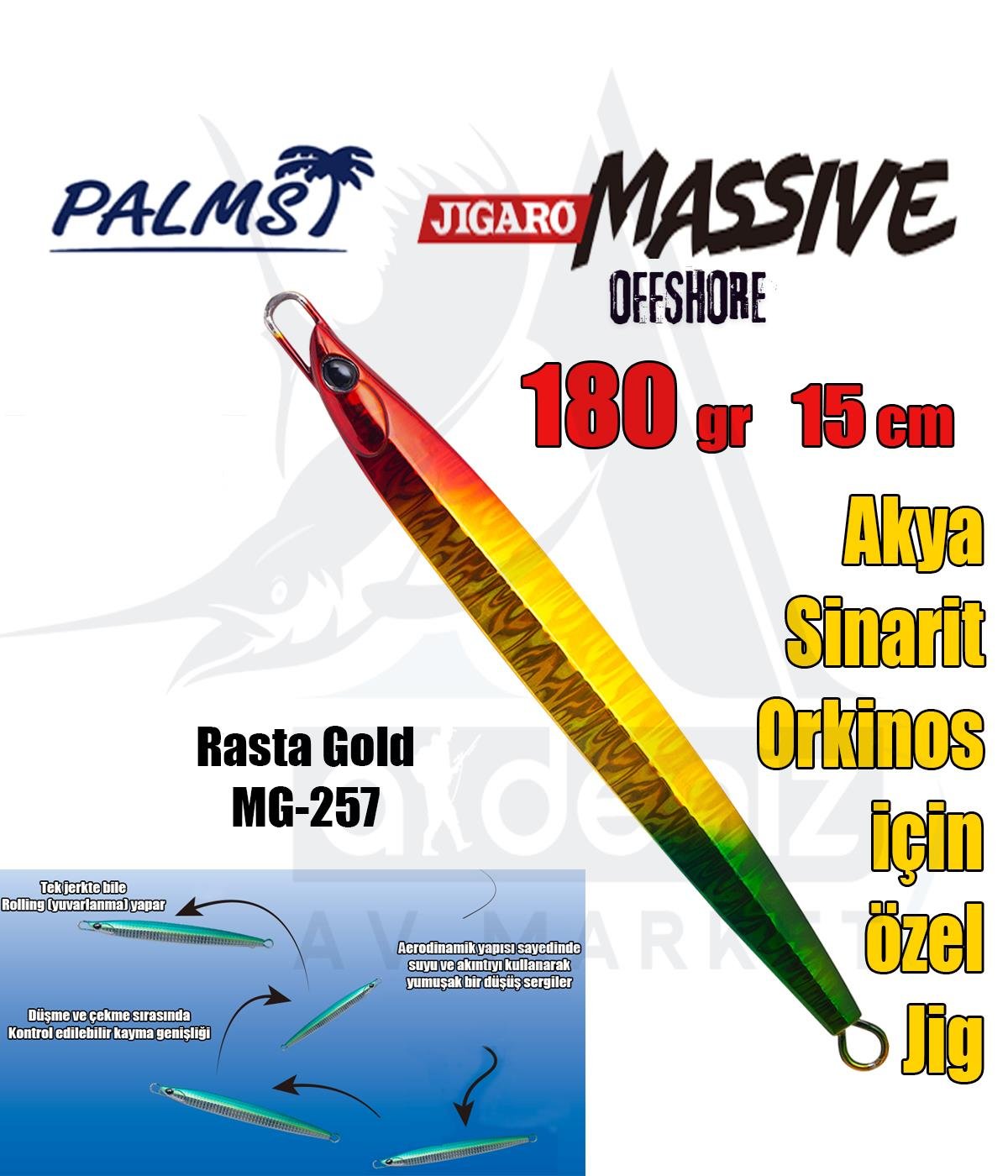 PALMS Jigaro Massive Offshore Spec. 180gr 15cm Jig Yem Color: MG-257 Rasta GoldPALMS