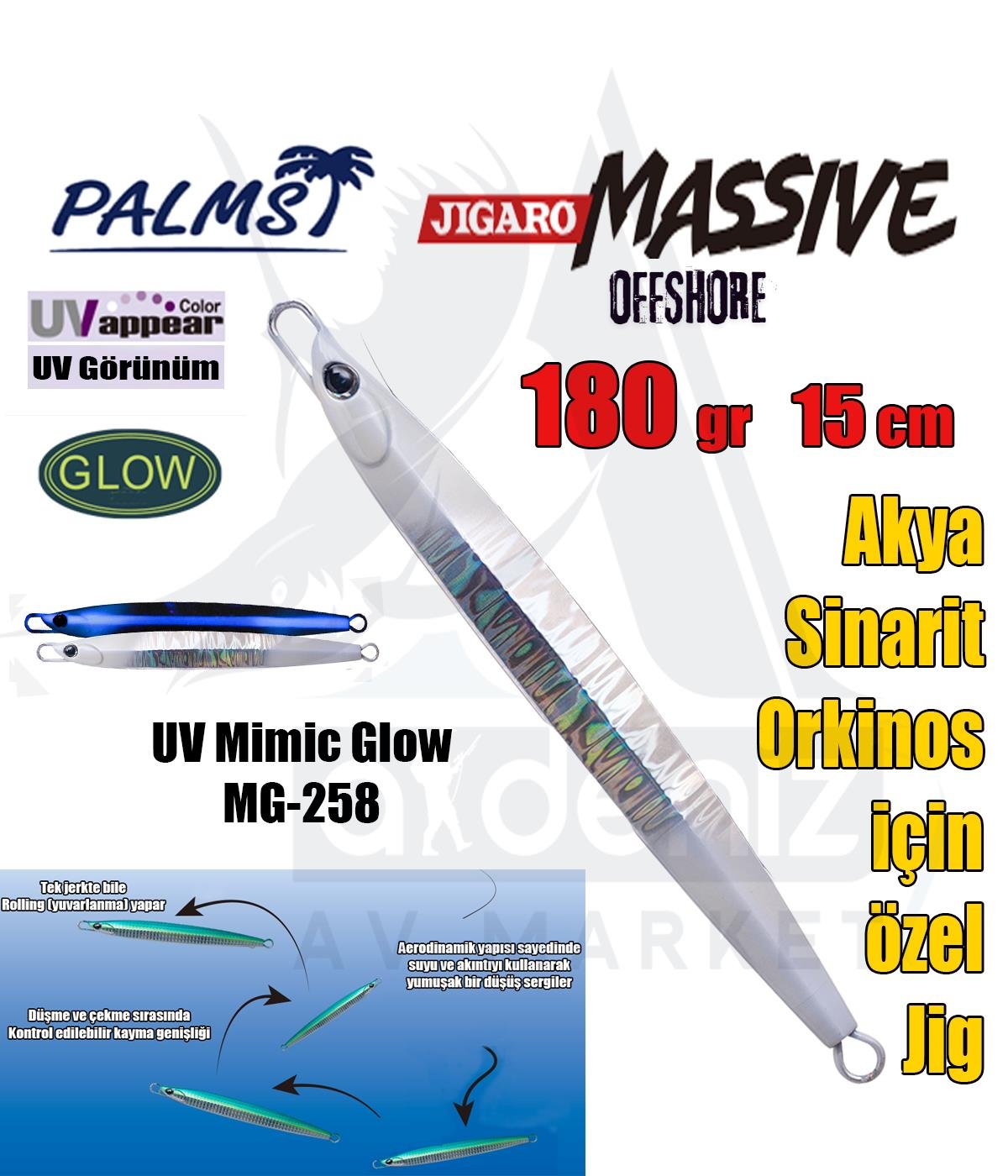 PALMS Jigaro Massive Offshore Spec. 180gr 15cm Jig Yem Color: MG-258 UV Mimic GlowPALMS