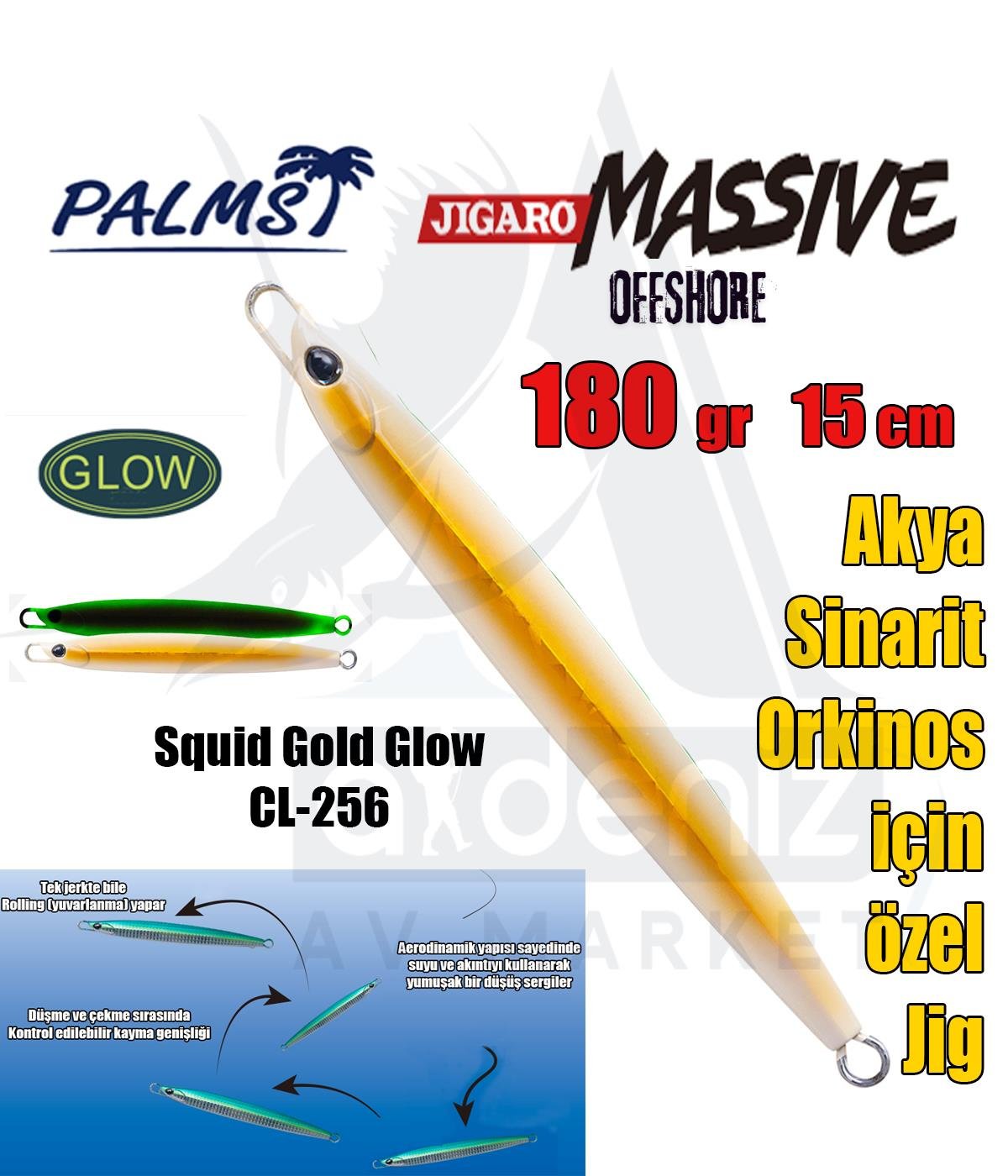 PALMS Jigaro Massive Offshore Spec. 180gr 15cm Jig Yem Color: CL-256 Squid Gold GlowPALMS