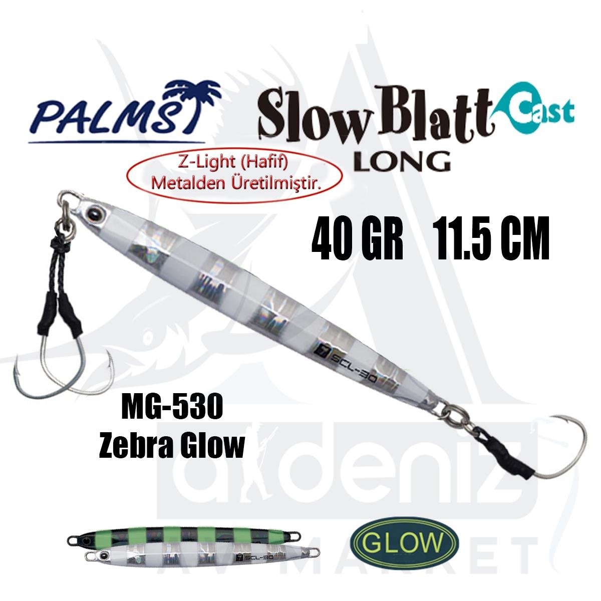 PALMS Slow Blatt Cast Long Jig 40gr 11.5cm Jig Yem Color: MG-530 Zebra GlowPALMS