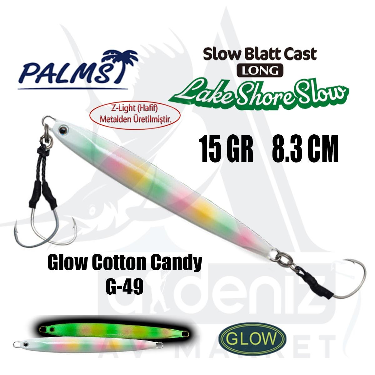 PALMS Zetz Slow Blatt Cast Long Lake Jig 15gr 8.3cm Jig Yem Color: G-49 Glow Cotton CandyPALMS