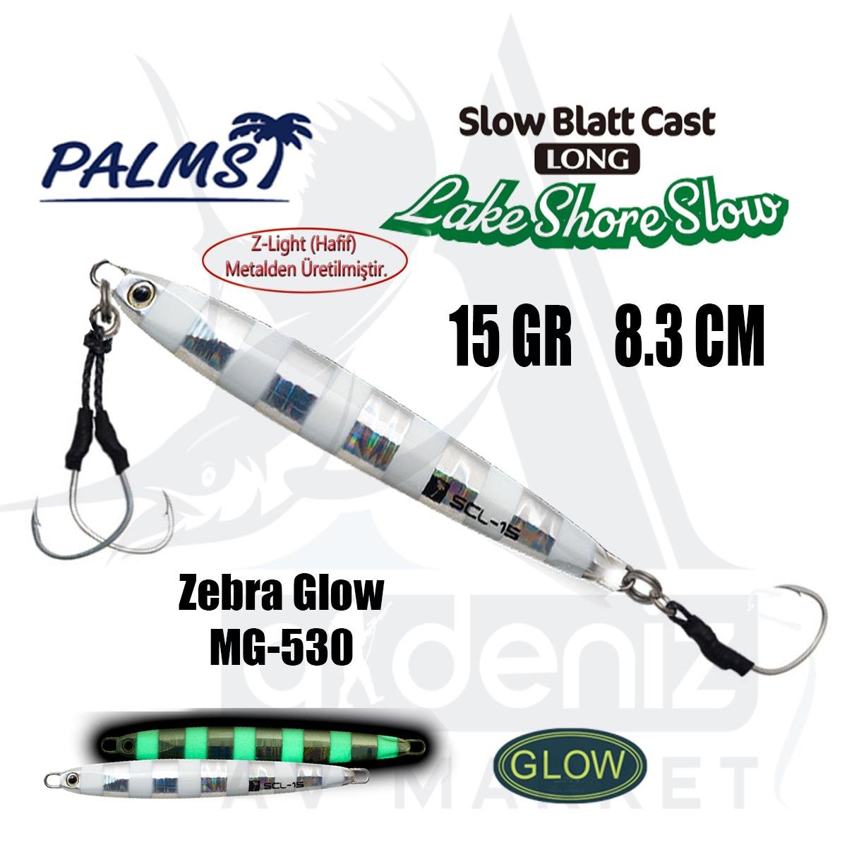 PALMS Zetz Slow Blatt Cast Long Lake Jig 15gr 8.3cm Jig Yem Color: MG-530 Zebra GlowPALMS