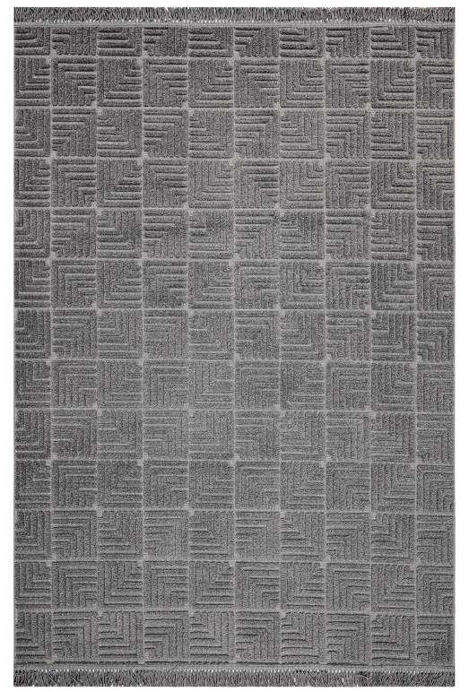 Dizayn 1062 Geometrik Kare Desenli Spor Saçaklı Antrasit Renk Modern Halı