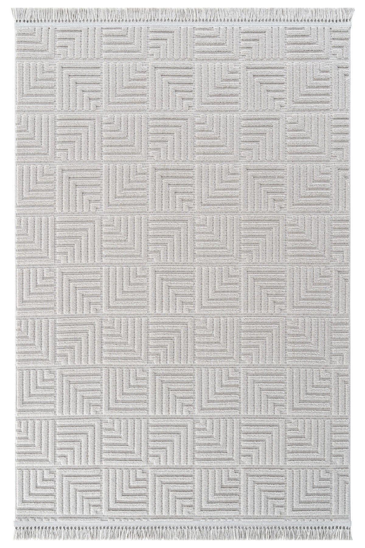 Dizayn 1062 Geometrik Kare Desenli Spor Saçaklı Gri Renk Modern Halı