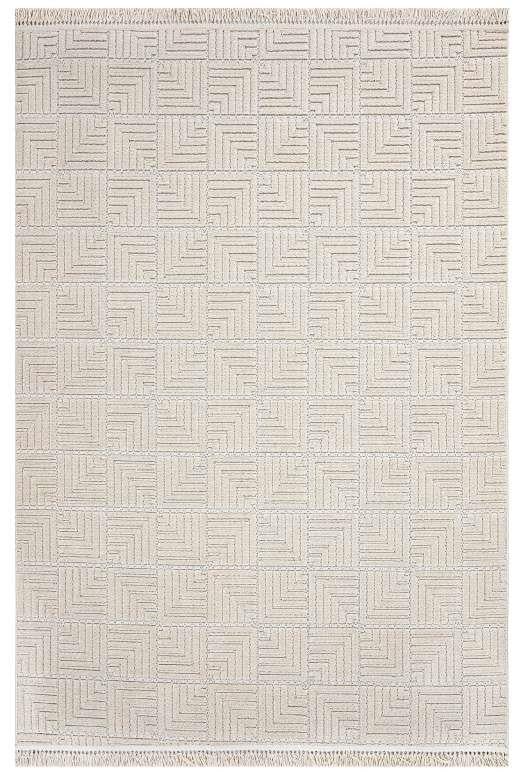 Dizayn 1062 Geometrik Kare Desenli Spor Saçaklı Bej Renk Modern Halı