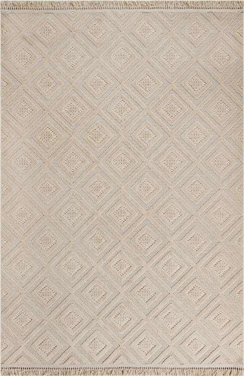 Dizayn 1089 Geometrik Desenli Spor Saçaklı Bej Renk Halı