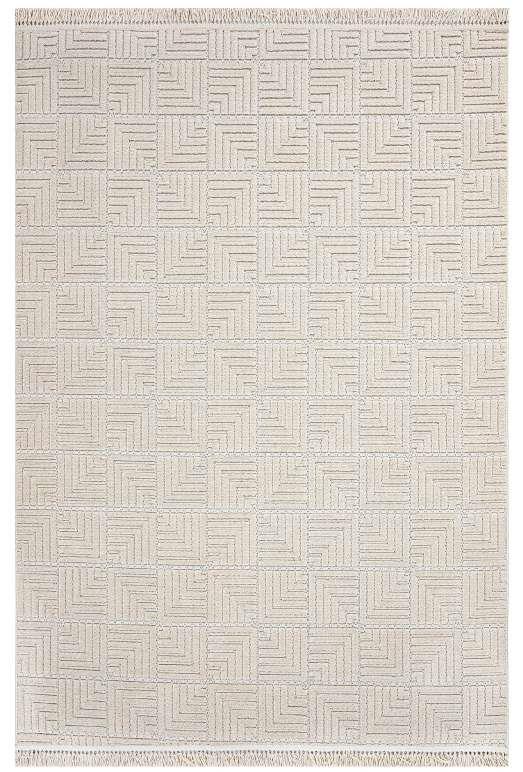Dizayn 1062 Geometrik Kare Desenli Spor Saçaklı Bej Renk Modern Halı
