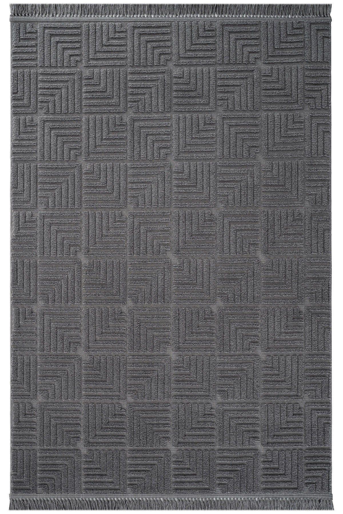 Dizayn 1062 Geometrik Kare Desenli Spor Saçaklı Antrasit Renk Modern Halı