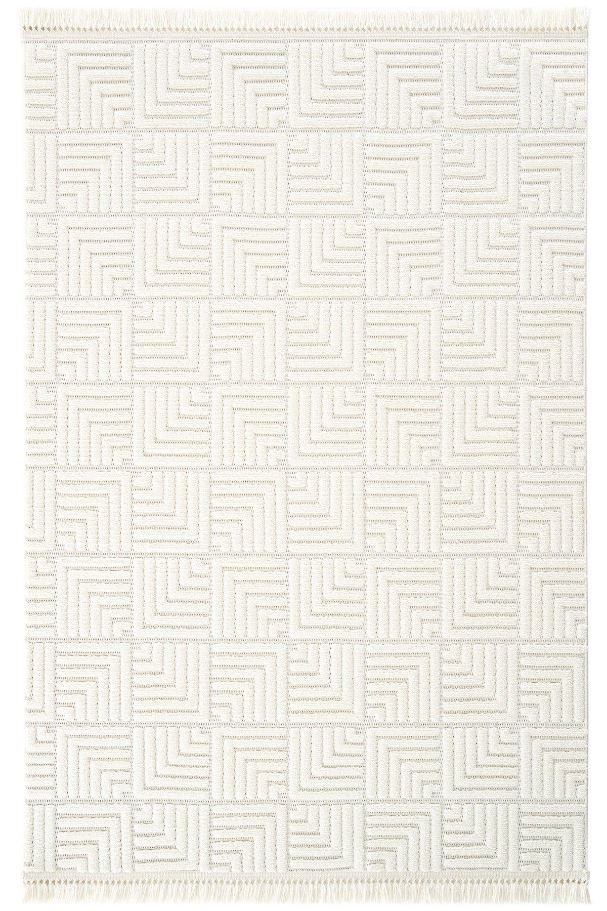 Dizayn 1062 Geometrik Kare Desenli Spor Saçaklı Krem Renk Modern Halı