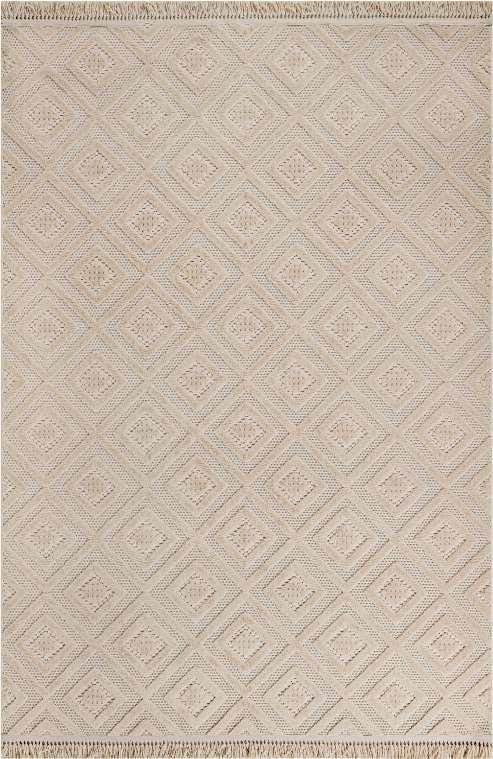 Dizayn 1089 Geometrik Desenli Spor Saçaklı Bej Renk Halı
