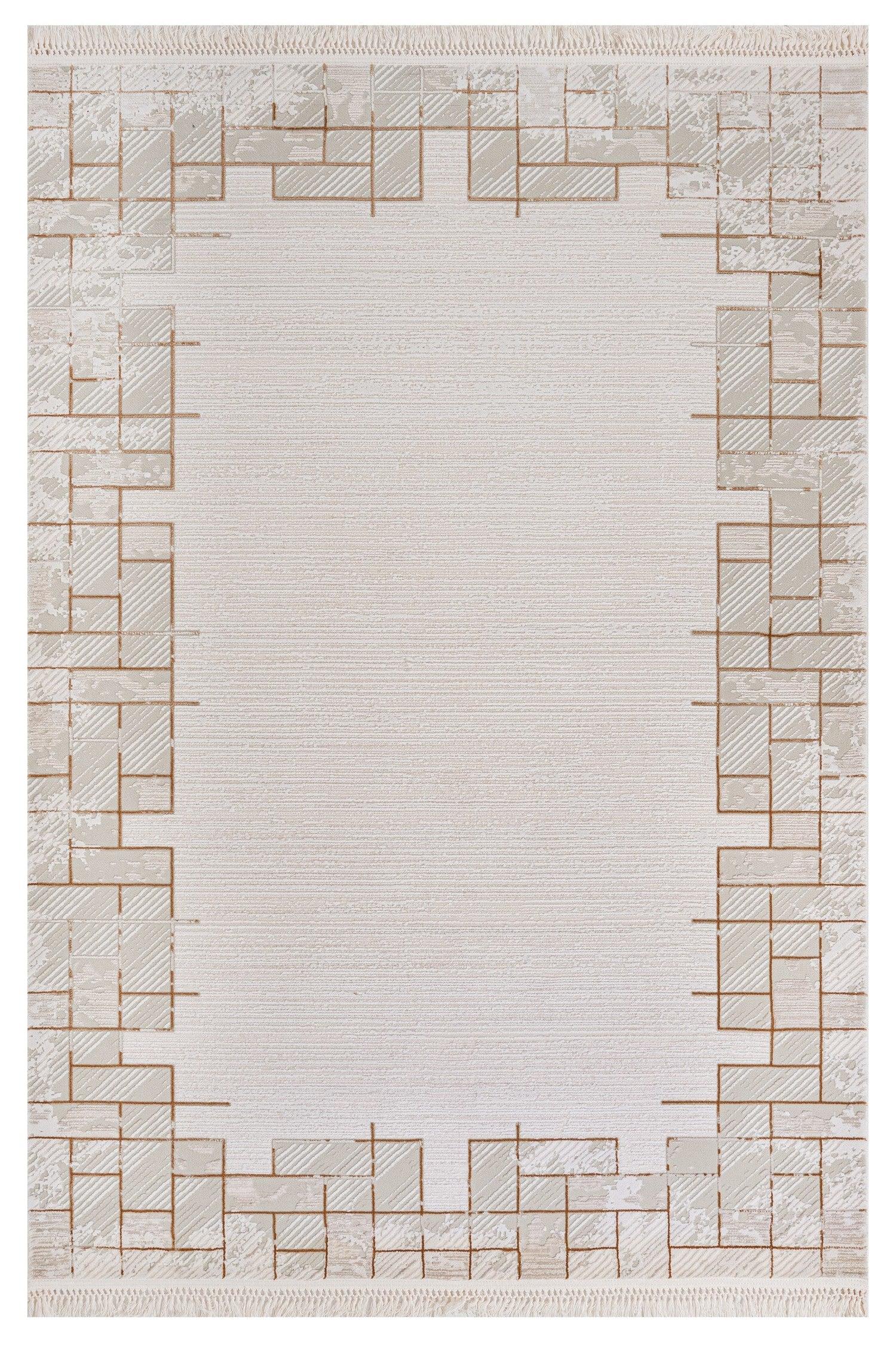 Piraye 1081 %100 Akrilik İplik Taba Renk Minimalist Saçaklı Geometrik Bordürlü Halı