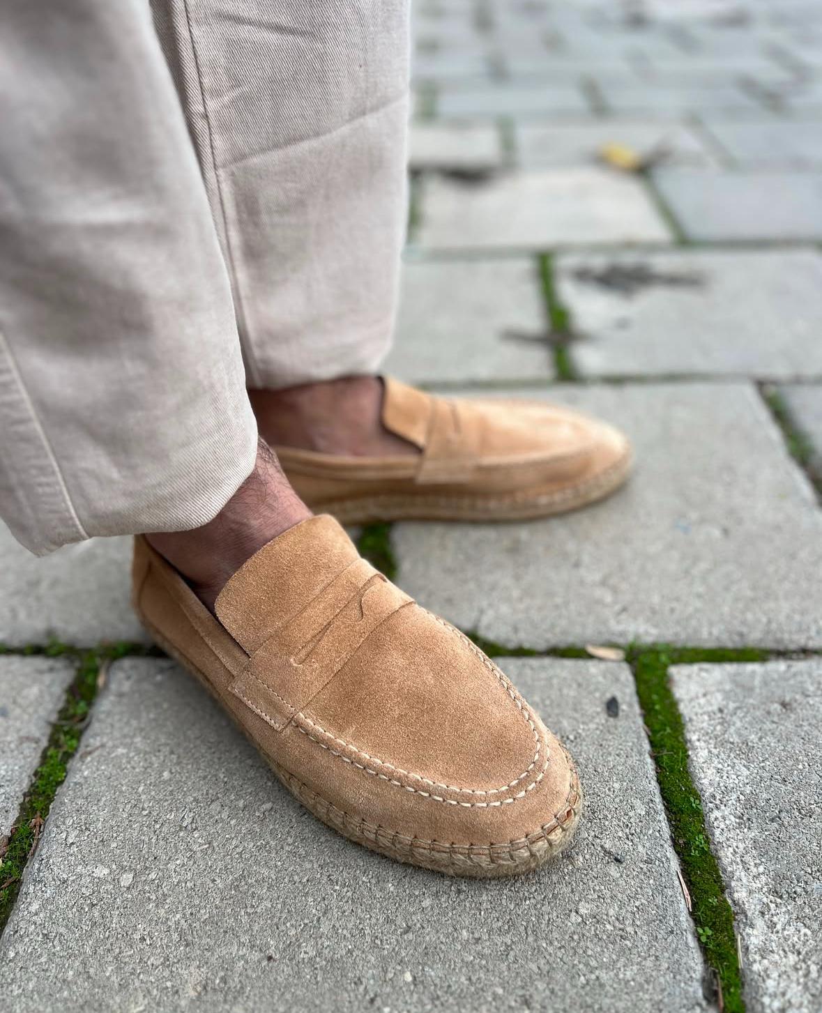 %100 İç Dış Deri Espadrilles Ayakkabı Bej