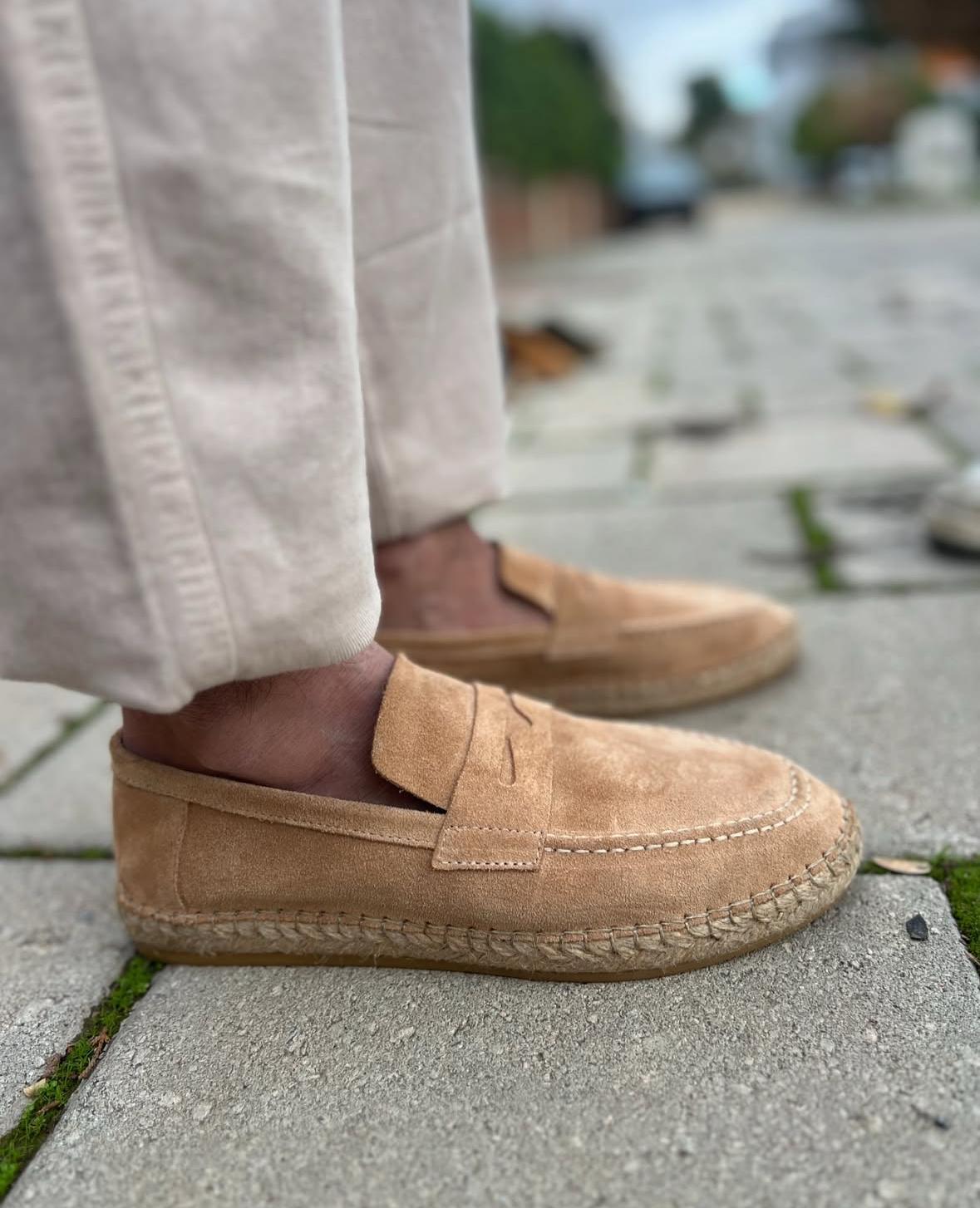 %100 İç Dış Deri Espadrilles Ayakkabı Bej