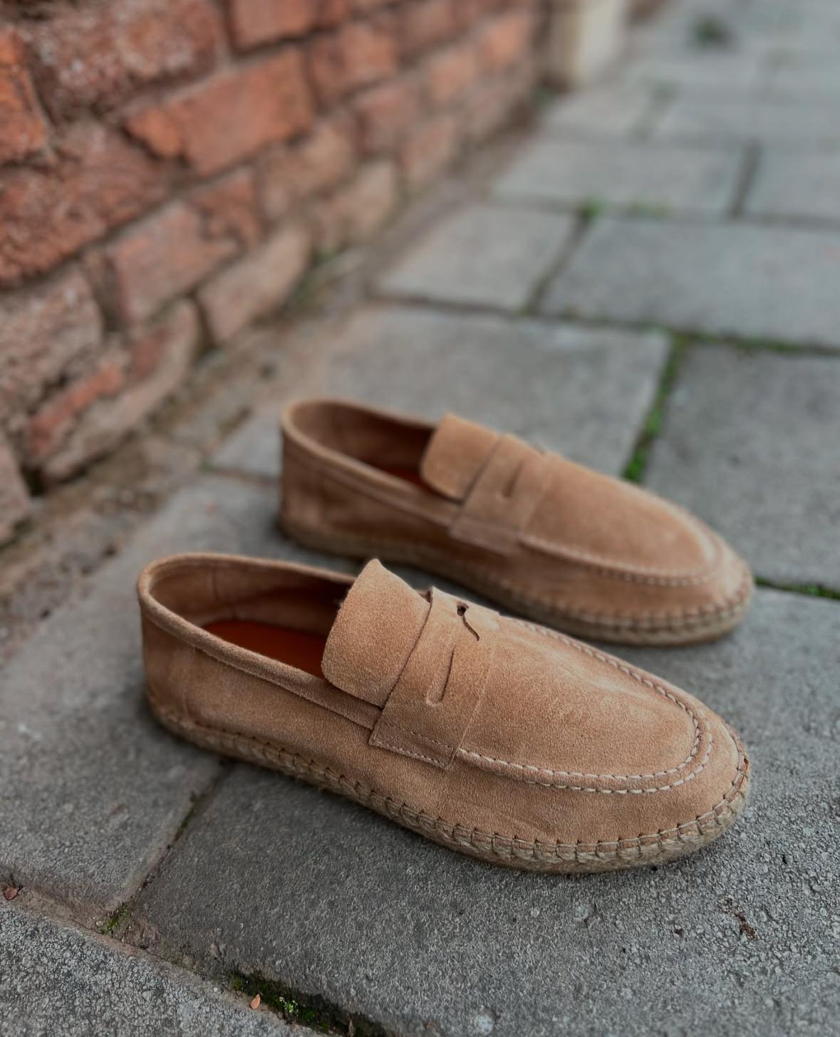 %100 İç Dış Deri Espadrilles Ayakkabı Bej